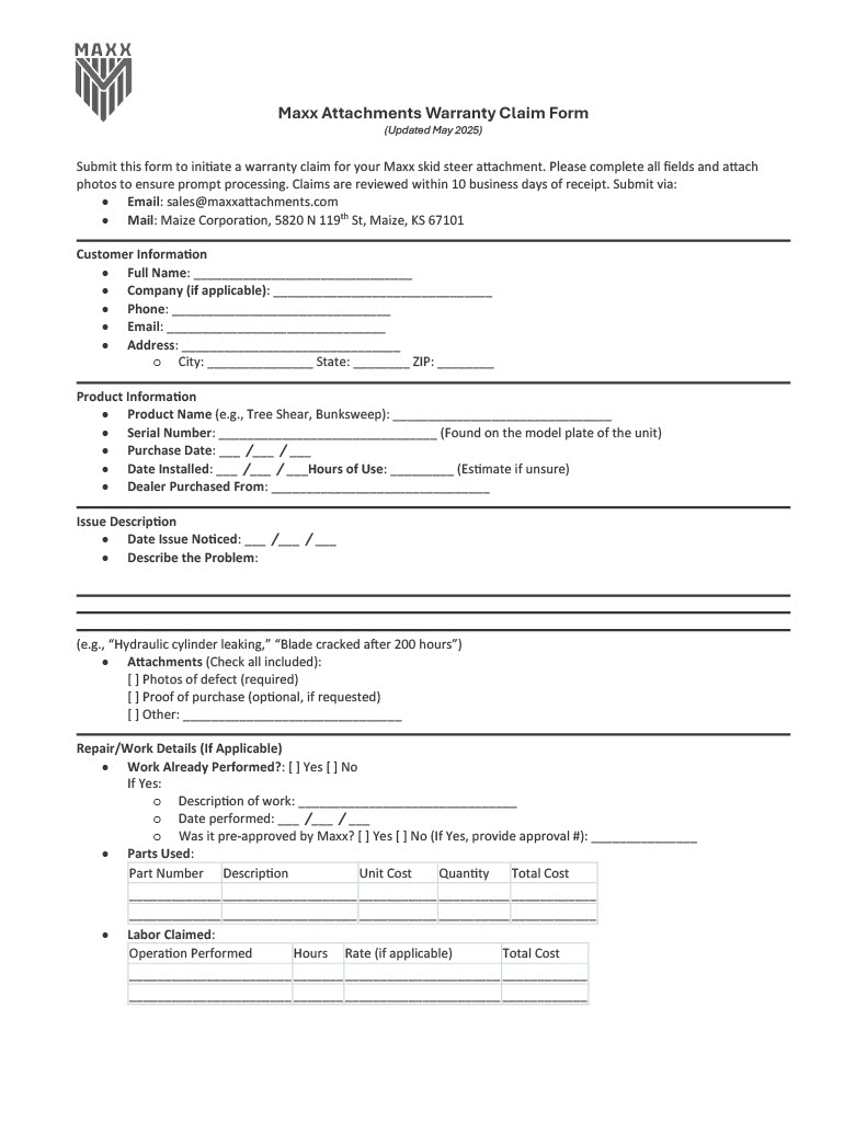 Attachments Warranty Claim Form